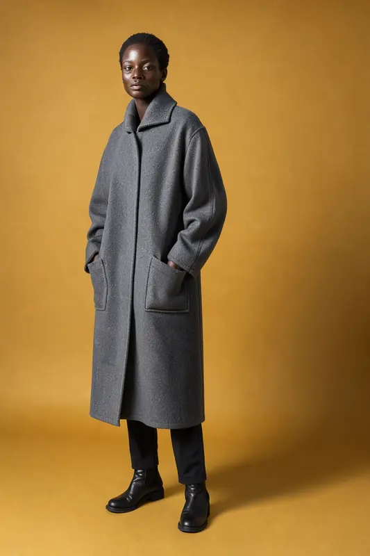FLUX 3 Klein example: Grey wool coat fashion editorial