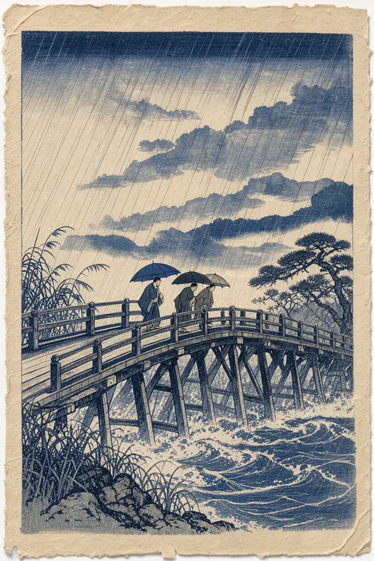 FLUX 3 Klein example: Hiroshige woodblock rain on a bridge