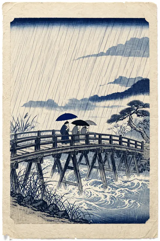 FLUX 3 Klein example: Hiroshige woodblock rain on a bridge
