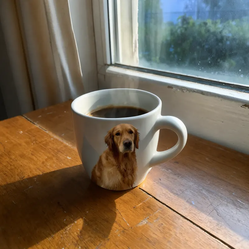 FLUX 3 Klein example: Two references: dog printed on the mug