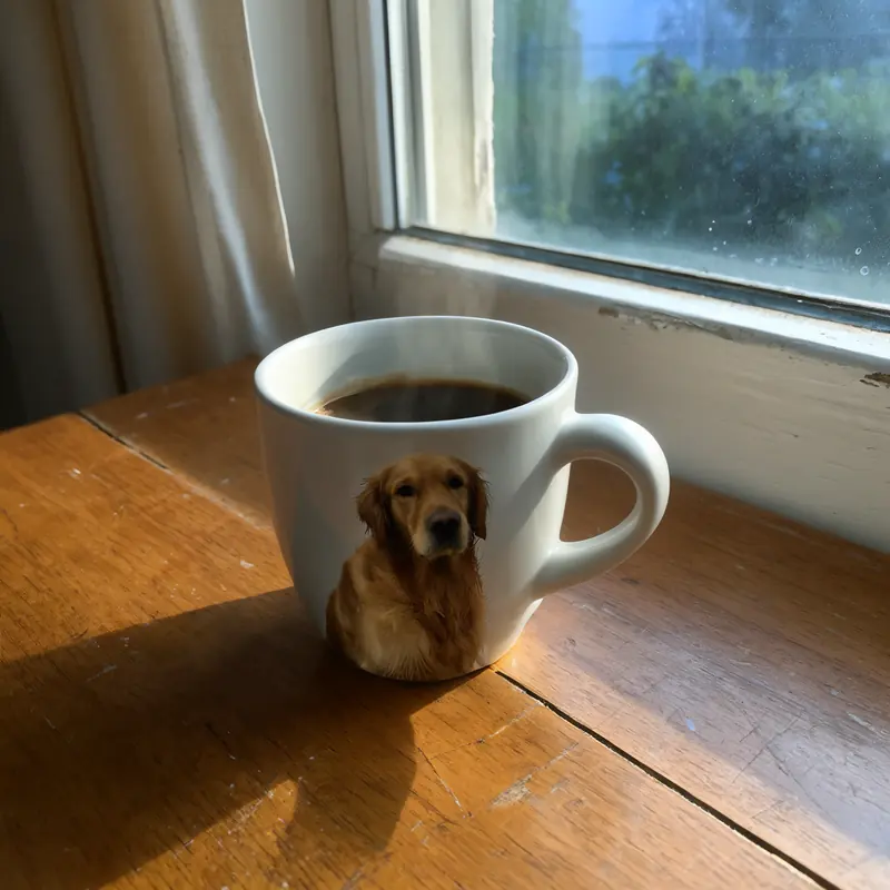 FLUX 3 Klein example: Two references: dog printed on the mug