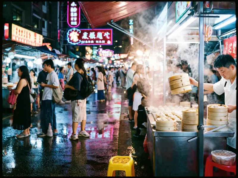 FLUX 3 Klein example: A rainy night market with a cook lifting a steaming bamboo steamer lid under neon signs.
