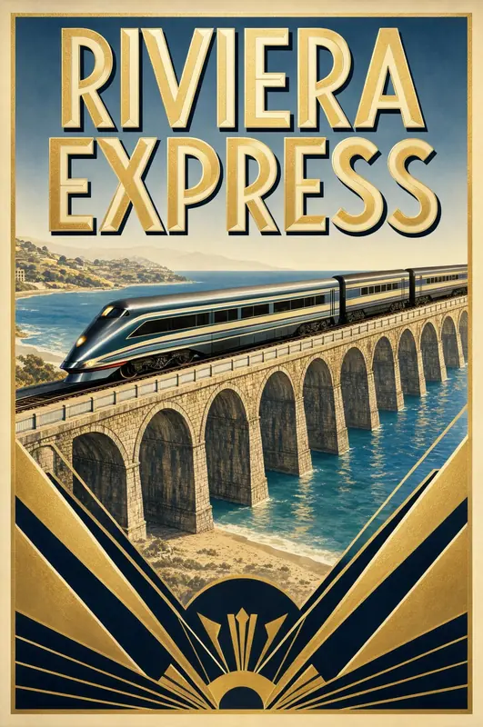 FLUX 3 Klein example: Art deco travel poster reading RIVIERA EXPRESS, a streamlined train crossing a coastal viaduct.