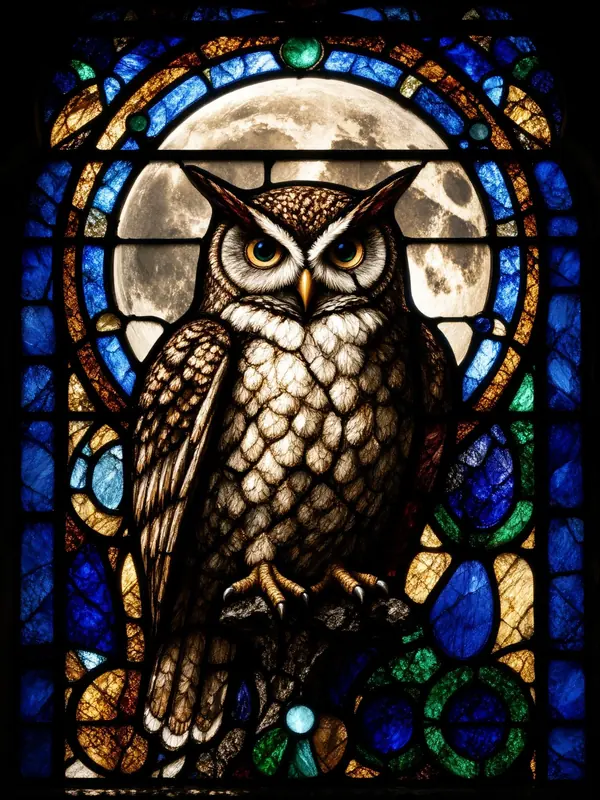 FLUX 3 Klein example: A stained glass window of an owl in front of a full moon.