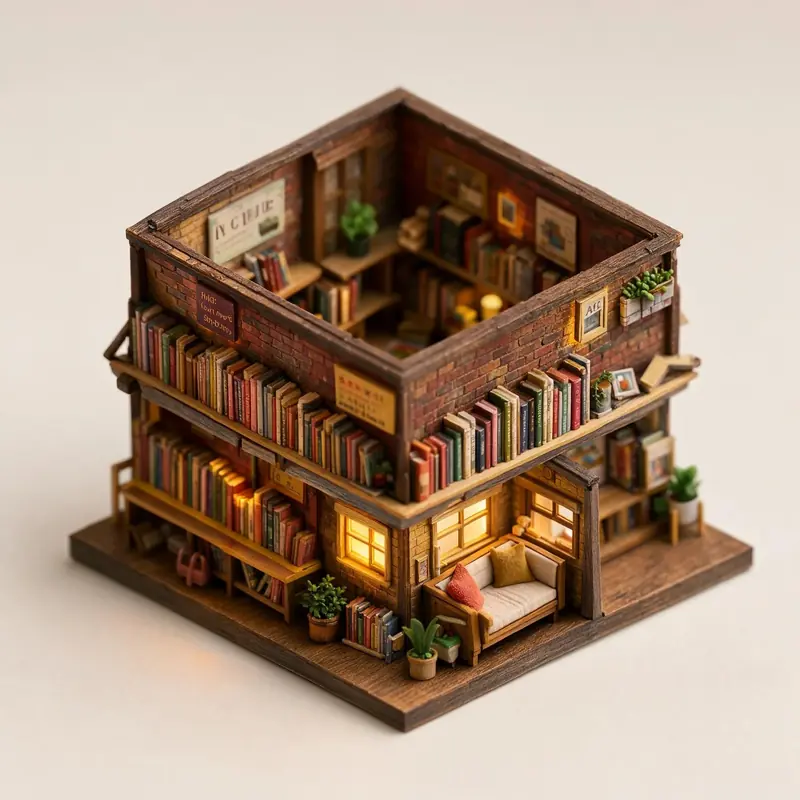 FLUX 3 Klein example: An isometric 3D diorama of a tiny two-story bookshop with warm lights.