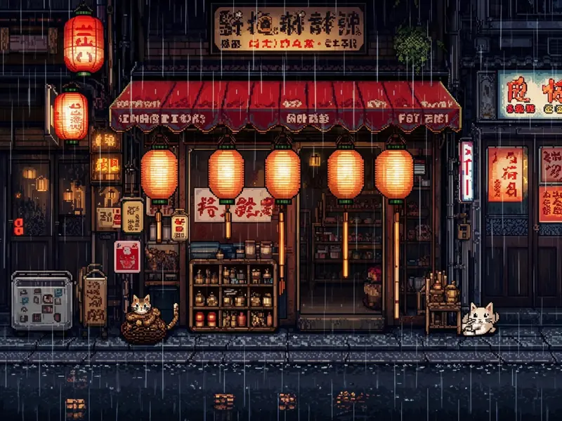 FLUX 3 Klein example: Pixel art of a ramen shop street at night in the rain with glowing lanterns.