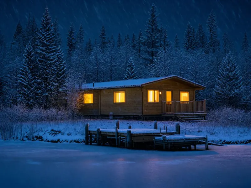 FLUX 3 Klein example: Make it a winter night: snow on the roof, the dock and the trees, the lake is fr