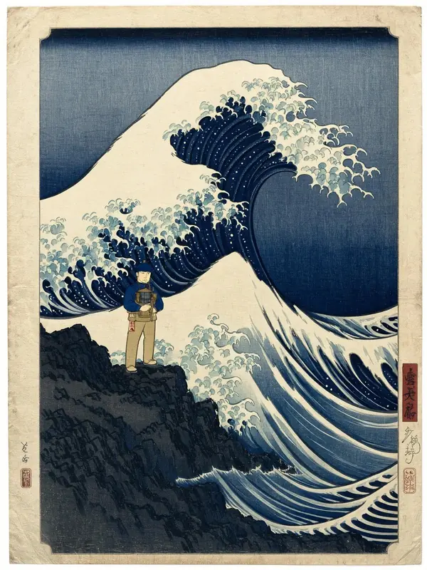 FLUX 3 Klein example: Ukiyo-e print of a lighthouse keeper in a storm