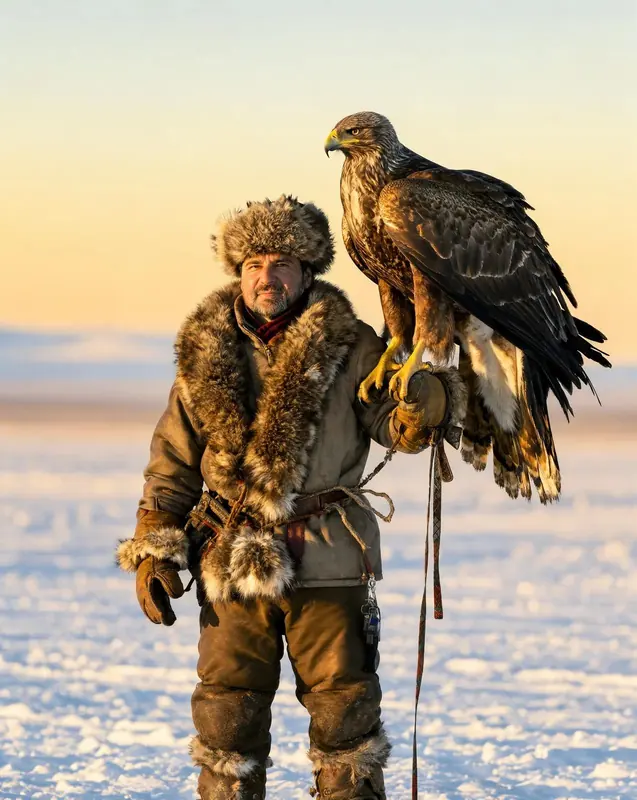 FLUX 3 Klein example: An eagle hunter holding a golden eagle at golden hour