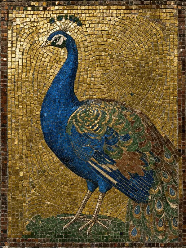 FLUX 3 Klein example: Byzantine mosaic of a peacock in blue and gold