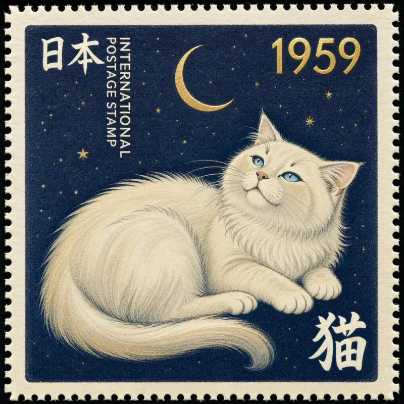 FLUX 3 Klein example: A navy postage stamp with a white long-haired cat under a gold crescent moon, the text 日本 INTERNATIONAL POSTAGE STAMP, the year 1959 and the kanji 猫