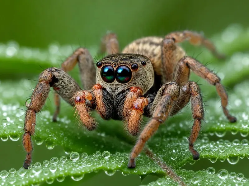 FLUX 3 Klein example: Macro of a jumping spider on a dewy fern
