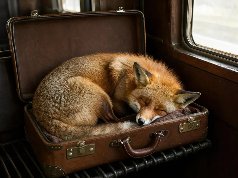 FLUX 3 Klein example: A red fox asleep in a vintage suitcase on a train