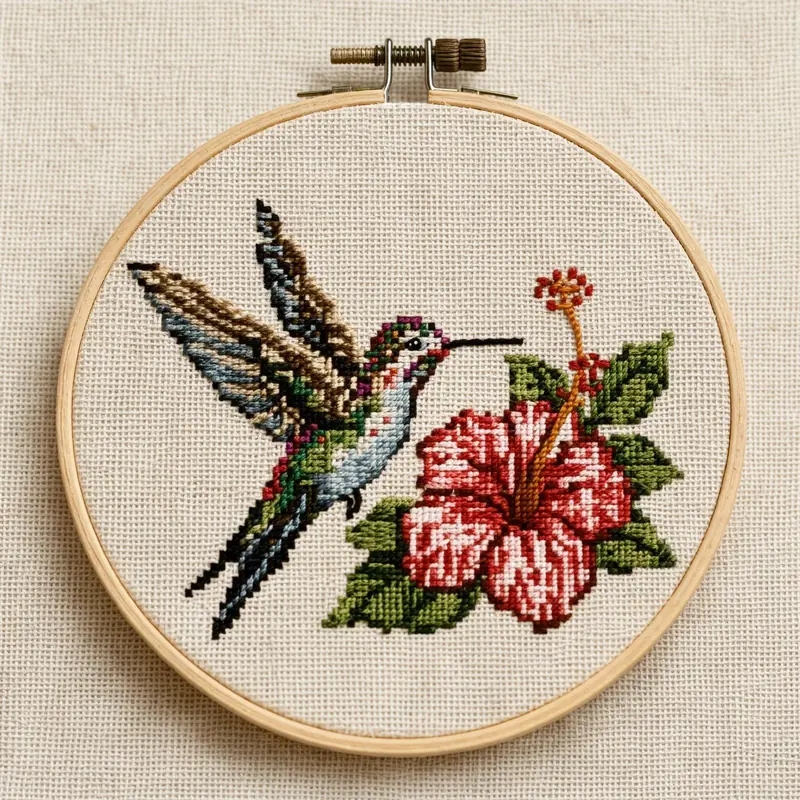 FLUX 3 Klein example: Cross-stitch hummingbird and hibiscus in an embroidery hoop