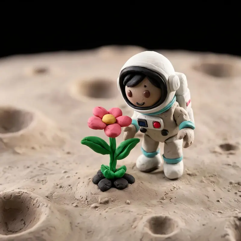 FLUX 3 Klein example: Claymation astronaut planting a flower on the moon