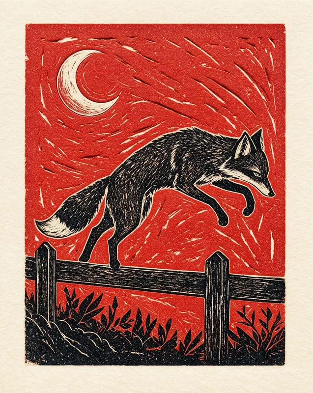 FLUX 3 Klein example: Red and black linocut of a fox leaping a fence