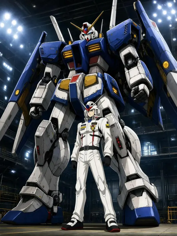 FLUX 3 Klein example: Anime pilot in front of a giant mecha in a hangar