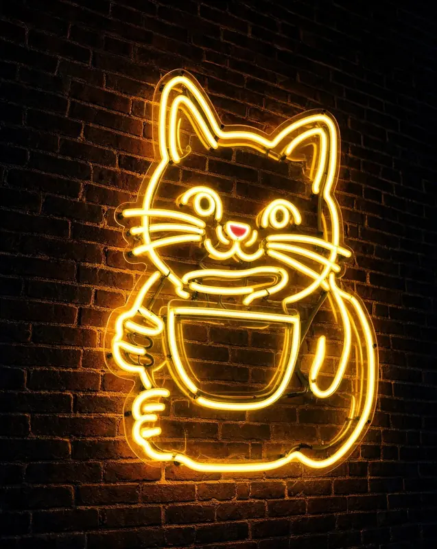 FLUX 3 Klein example: Neon sign of a cat holding a coffee cup on a brick wall