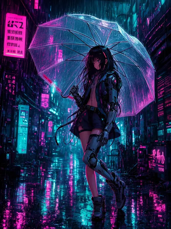 FLUX 3 Klein example: Anime figure with a clear umbrella in a neon street
