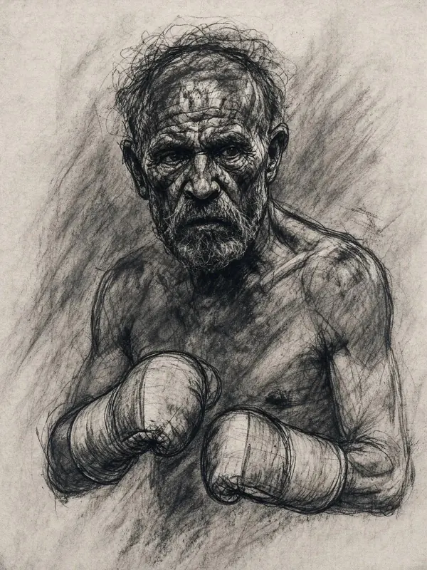 FLUX 3 Klein example: Charcoal sketch of an old boxer with taped hands
