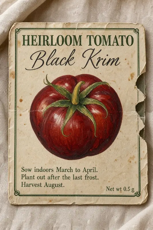 FLUX 3 Klein example: Vintage seed packet reading HEIRLOOM TOMATO Black Krim