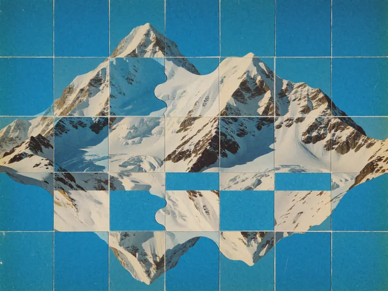 Krea 2 example: vintage analog collage, central irregularly shaped snowy mountain range with a section featuring distinct wavy edges, st