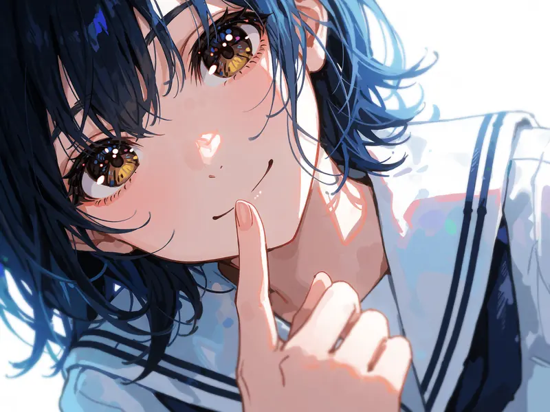 Krea 2 example: close-up anime portrait of a young woman, large amber-brown eyes with intricate sparkling reflections, index finger deli