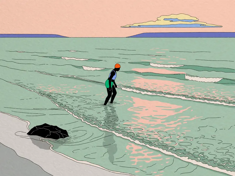 Krea 2 example: A minimalist flat-color illustration of a person wading through expansive shallow ocean waves beneath a pale peach sky.