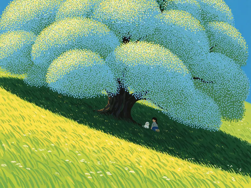 Krea 2 example: A tiny figure and a small white dog sit side-by-side in the deep green shadow of a massive tree on a sloping grassy hill