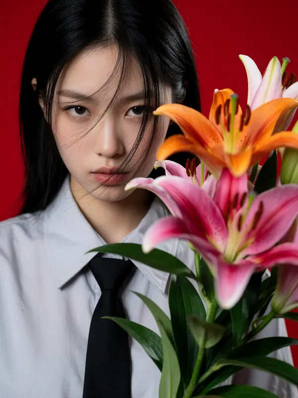 Krea 2 example: A close-up portrait of a young East Asian woman with straight black hair, loose strands sweeping across her fair skin, a