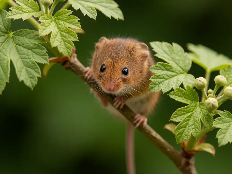 Krea 2 example: A tiny, russet-brown harvest mouse clings to a slender diagonal branch amid vibrant green lobed leaves and small round b