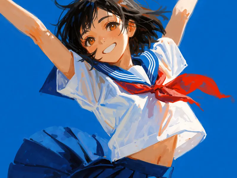 Krea 2 example: A dynamic digital painting of a joyful girl in a sailor uniform stretching her arms high against a solid vibrant blue ba