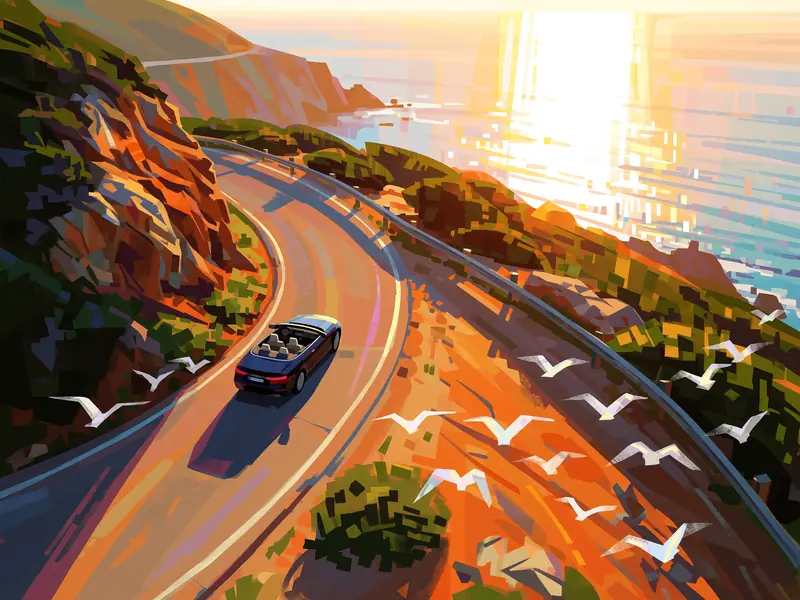 Krea 2 example: stylized digital painting of a dark convertible on a winding coastal cliff road, high-angle perspective, blocky painterl
