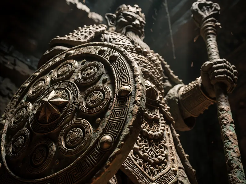 Krea 2 example: An extreme low-angle close-up captures a colossal, weathered stone and bronze guardian towering in a dark, cavernous rui