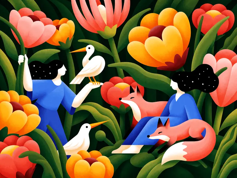 Krea 2 example: A stylized jungle illustration densely packed with oversized flora and surreal characters, rendered with smooth geometri