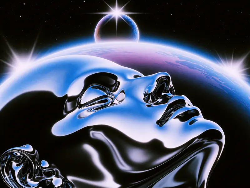 Krea 2 example: A surreal retro-futuristic space scene features liquid chrome forming an abstract face merging with a glowing planetary