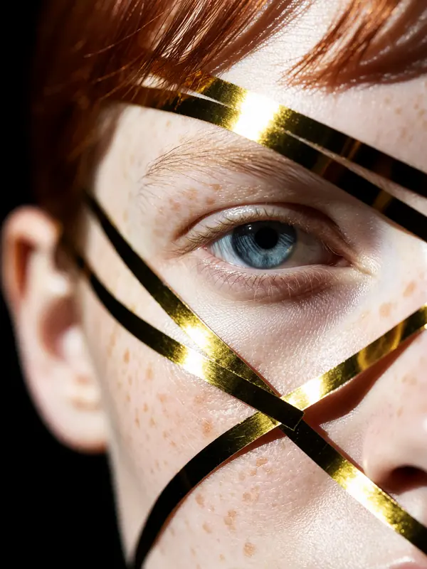 Krea 2 example: An extreme close-up portrait featuring pale, freckled skin and a single blue eye wrapped in reflective metallic gold rib