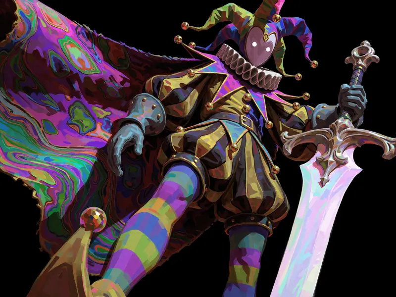 Krea 2 example: Stylized digital painting of a menacing jester figure rendered with bold, expressive brushstrokes and a vibrant, almost
