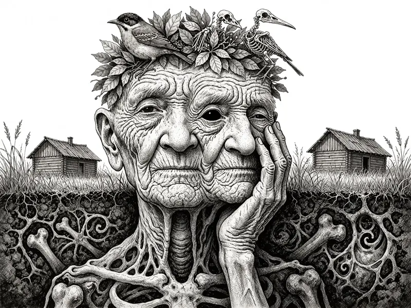 Krea 2 example: A surreal black-and-white ink illustration of three interlocking, heavily wrinkled elderly faces merging into a landscap