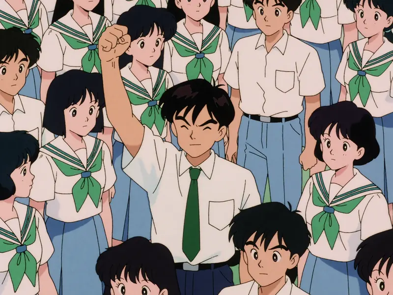 Krea 2 example: 1990s vintage anime style cel animation, densely packed crowd of teenagers in summer uniforms, central boy with short bl