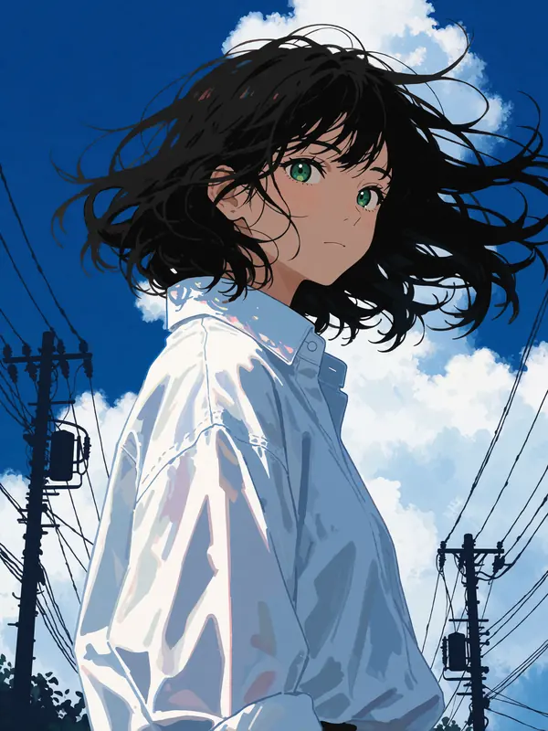 Krea 2 example: young woman looking over her right shoulder, anime-style illustration, messy black hair blowing dynamically in the wind,