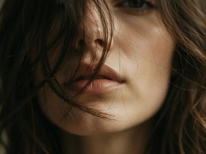 Krea 2 example: extreme close-up of a woman's face partially obscured by tousled dark brown hair, soft parted lips, smooth skin on lower
