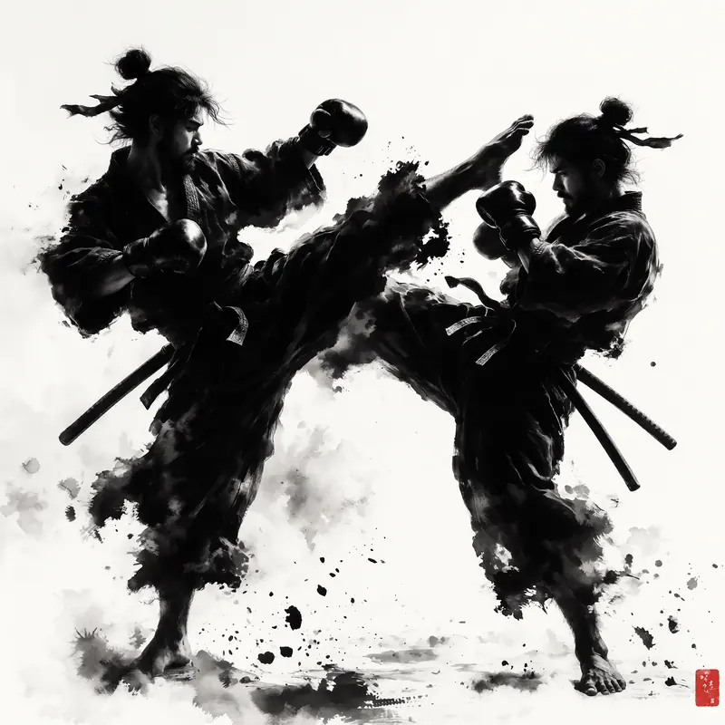Krea 2 example: two samurais in flowing robes doing a muay thai fight, one throws a high kick while the other leans back. monochrome ink
