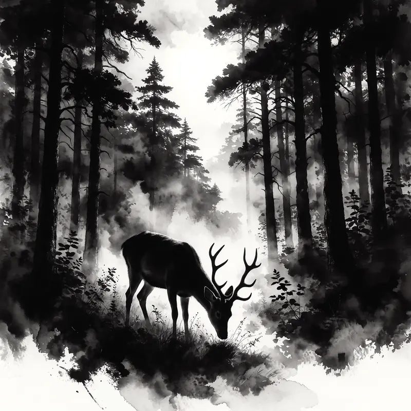 Krea 2 example: A deer grazing in the forest surrounded by dense trees and the sun bright in the sky. monochrome ink wash style
