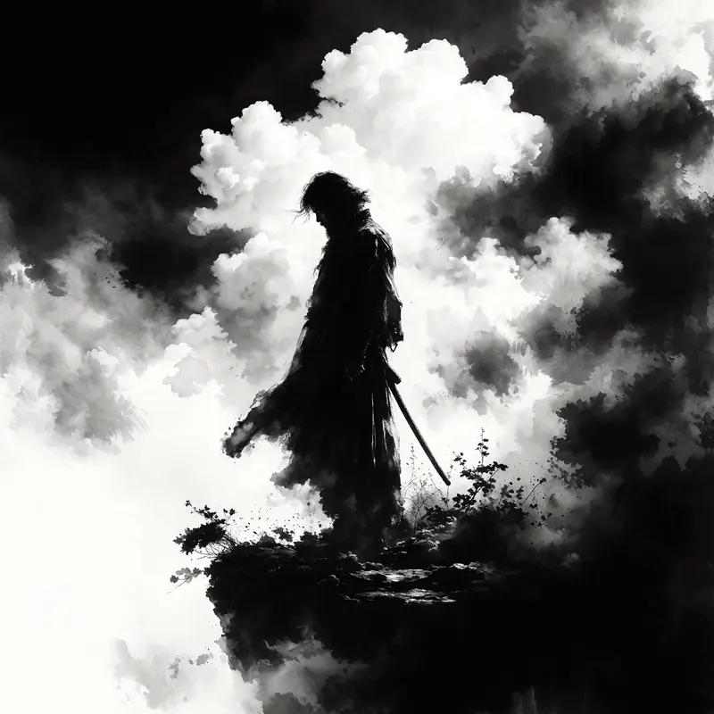 Krea 2 example: A solitary figure stands on a cliff, billowing clouds behind him. monochrome ink wash style