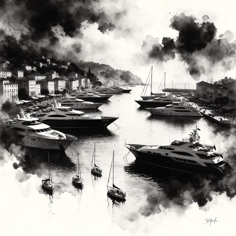 Krea 2 example: the port of antibes in the french riviera, large yachts and small sailboats are visible. monochrome ink wash style
