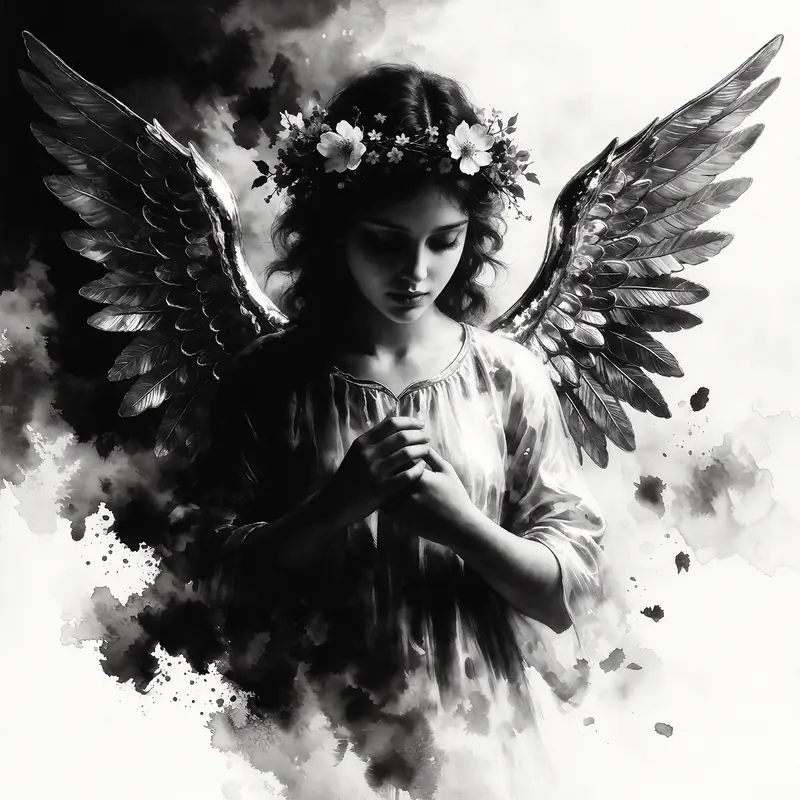 Krea 2 example: an angel with metallic wings and a crown of flowers. monochrome ink wash style