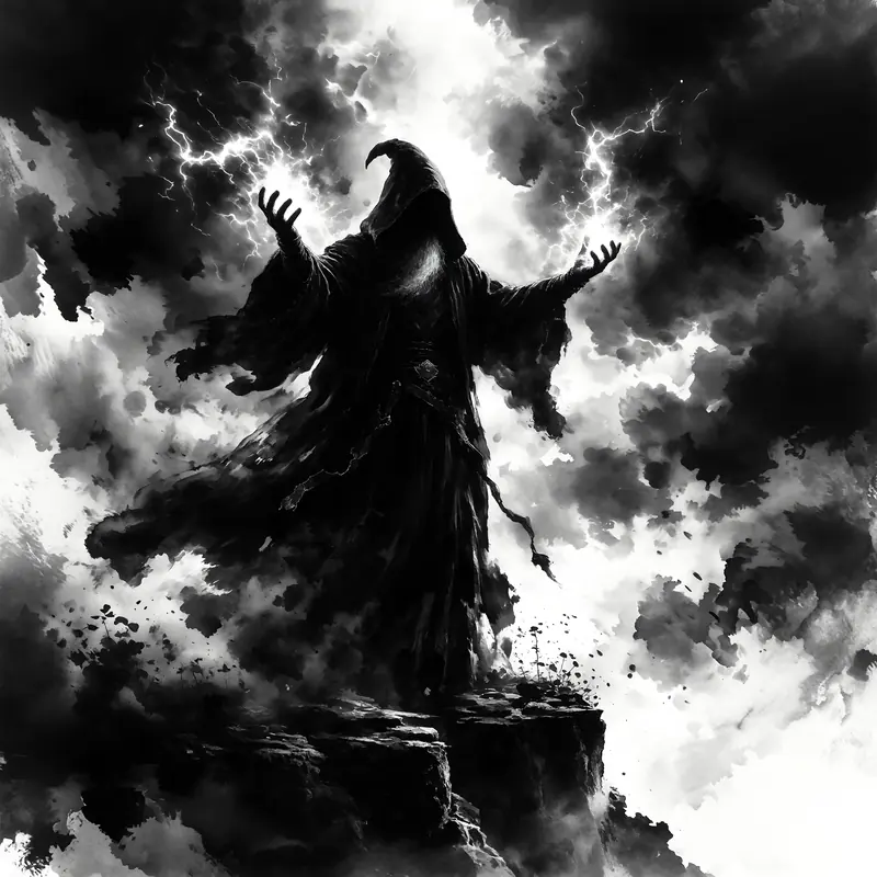 Krea 2 example: A sorcerer in flowing midnight robes stands atop a cliff edge, arms raised as crackling energy gathers between his palms