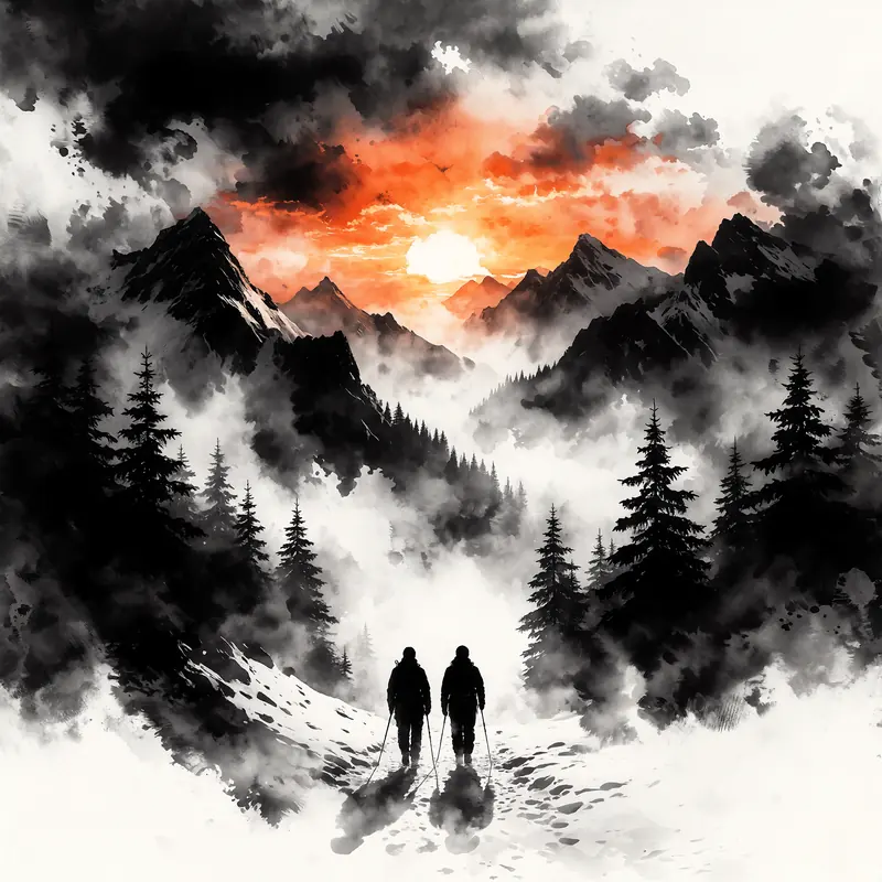 Krea 2 example: A sunset over snowy mountains. monochrome ink wash style