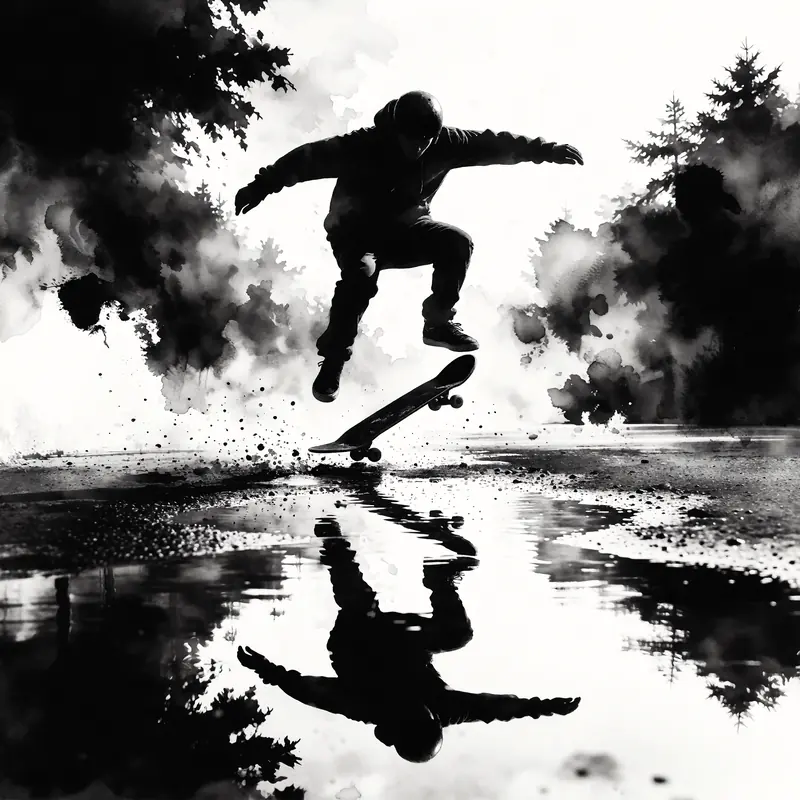 Krea 2 example: A skateboarder doing a kickflip, a puddle reflects the skateboarder. monochrome ink wash style
